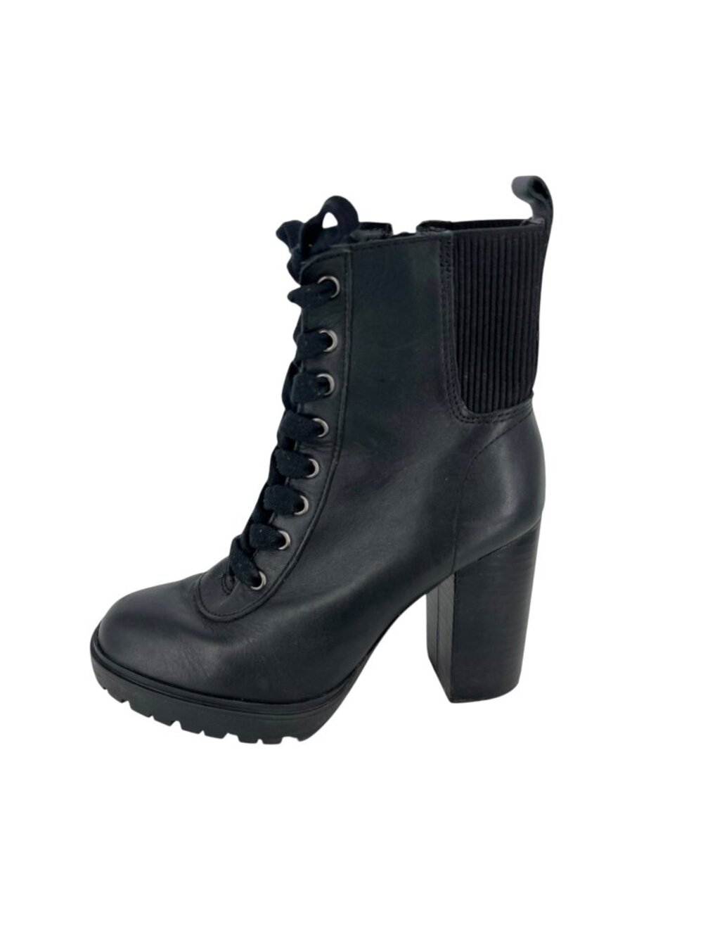 Steve Madden Latch Black Lace-Up Chunky Heel Leather Ankle Boot Size 6 Soft Goth